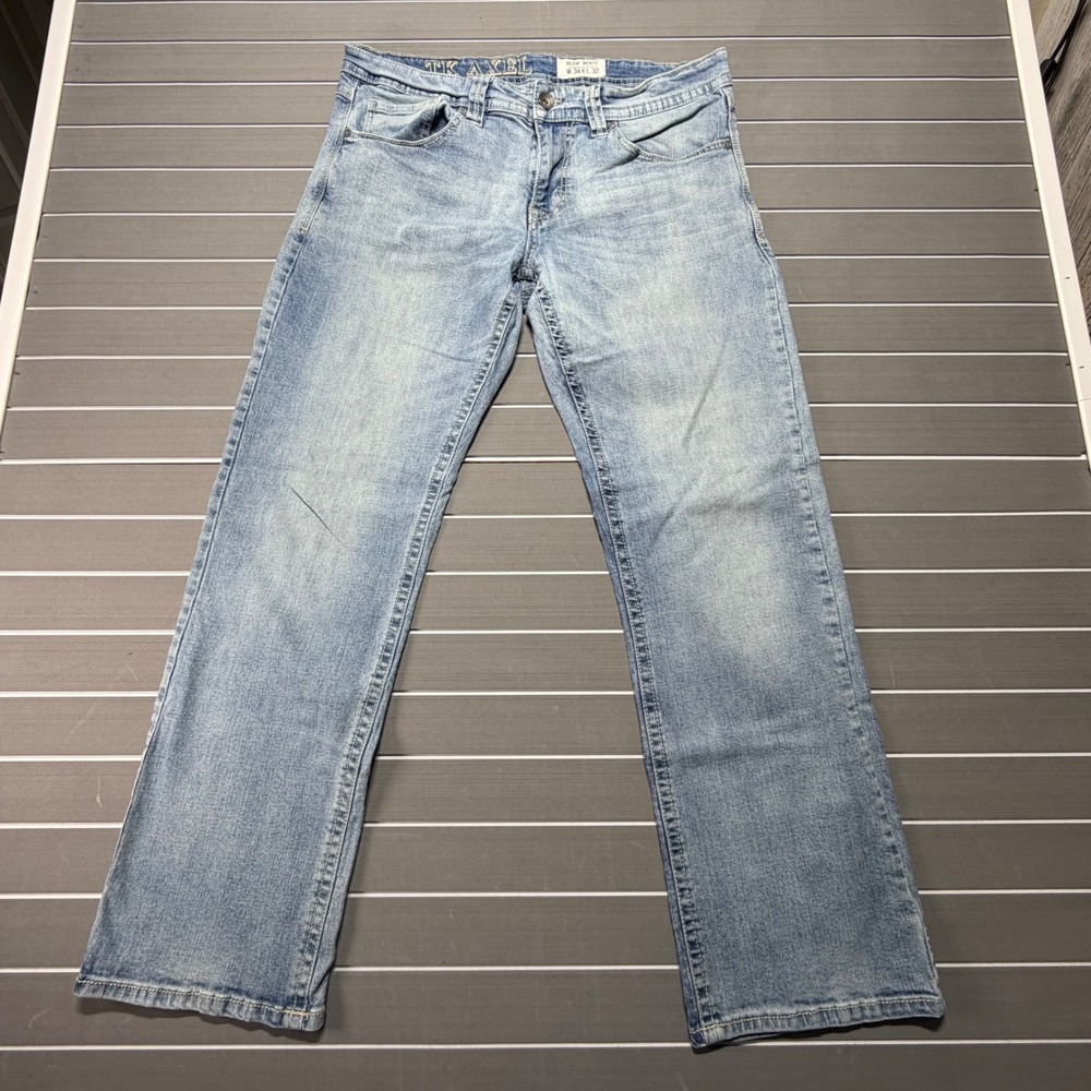TK Axel Mens Slim Bootcut Jeans Light Wash Embroidered Back Pockets 34x32